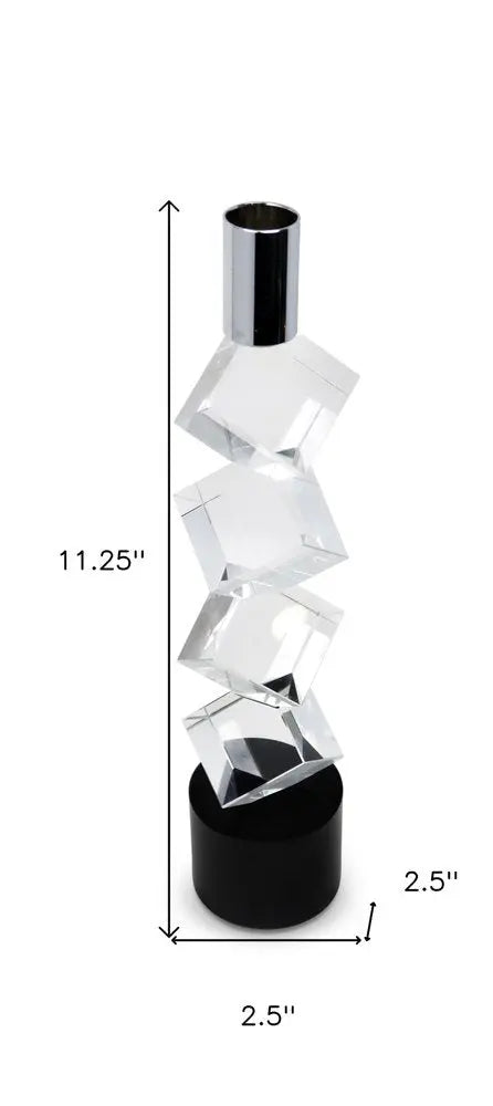 11" Silver Clear And Black Crystal Tabletop Taper Candlestick - NOBLE HOME INTERIORS