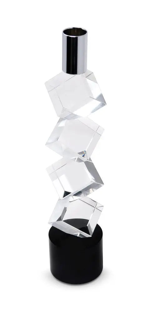 11" Silver Clear And Black Crystal Tabletop Taper Candlestick - NOBLE HOME INTERIORS