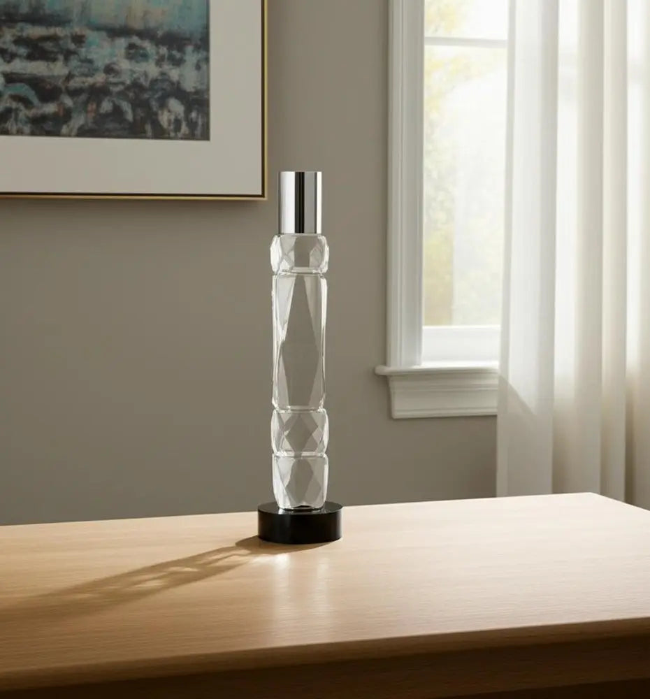 11" Silver Clear And Black Crystal Tabletop Taper Candlestick - NOBLE HOME INTERIORS