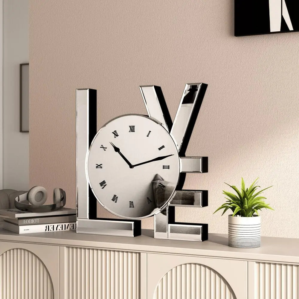 11" Silver Mirrored Glass Love Wall Clock - NOVA HOME FURNITURE