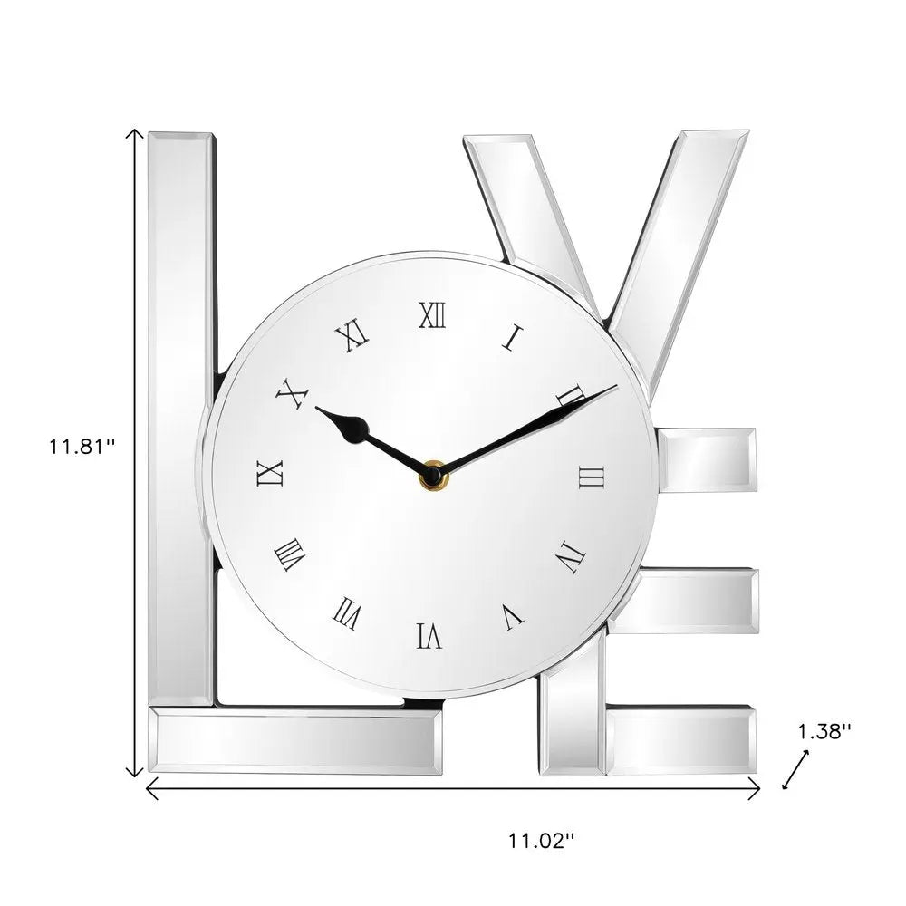 11" Silver Mirrored Glass Love Wall Clock - NOVA HOME FURNITURE