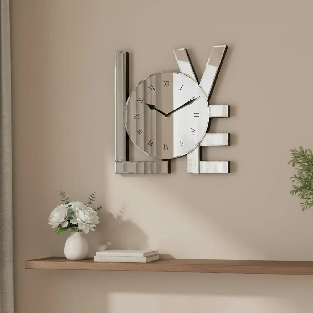 11" Silver Mirrored Glass Love Wall Clock - NOVA HOME FURNITURE