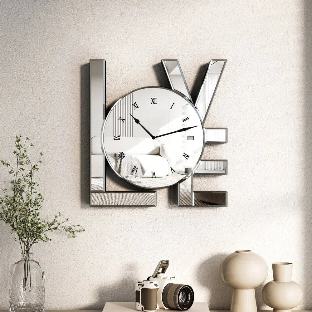 11" Silver Mirrored Glass Love Wall Clock - NOBLE HOME INTERIORS