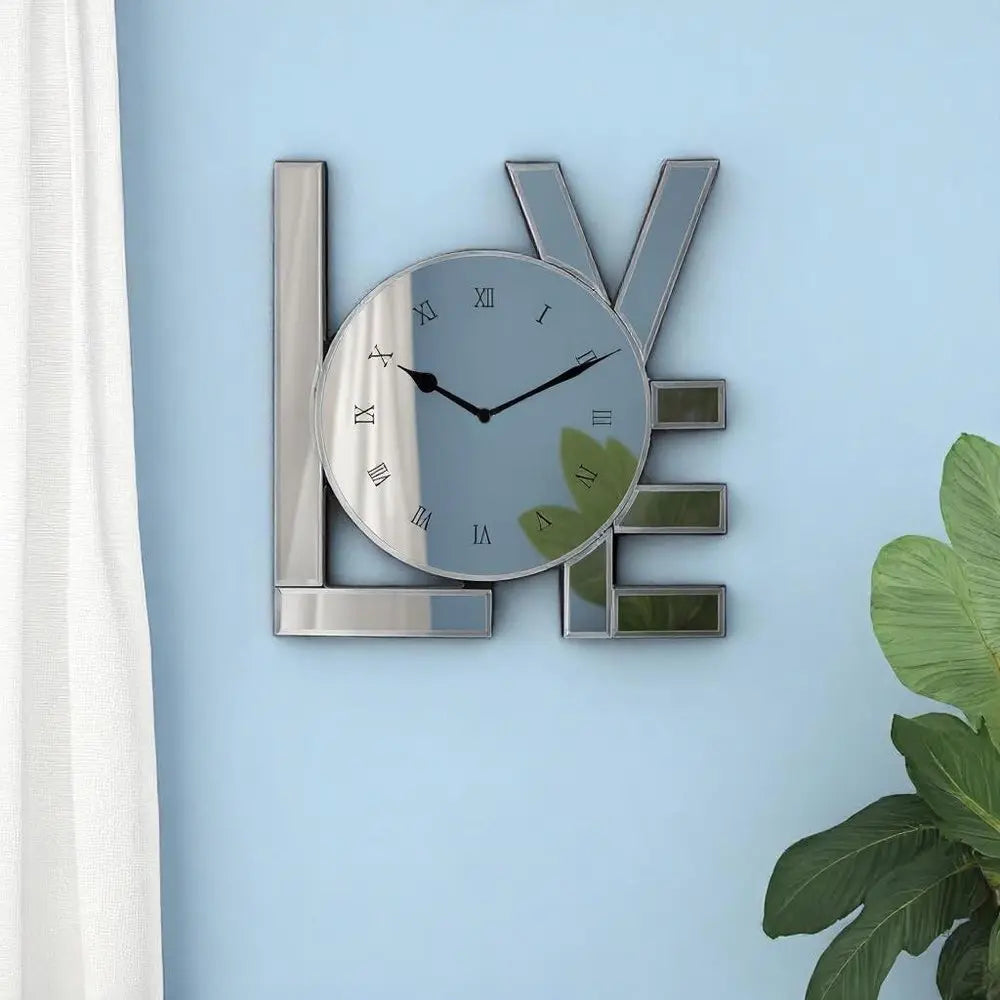 11" Silver Mirrored Glass Love Wall Clock - NOVA HOME FURNITURE