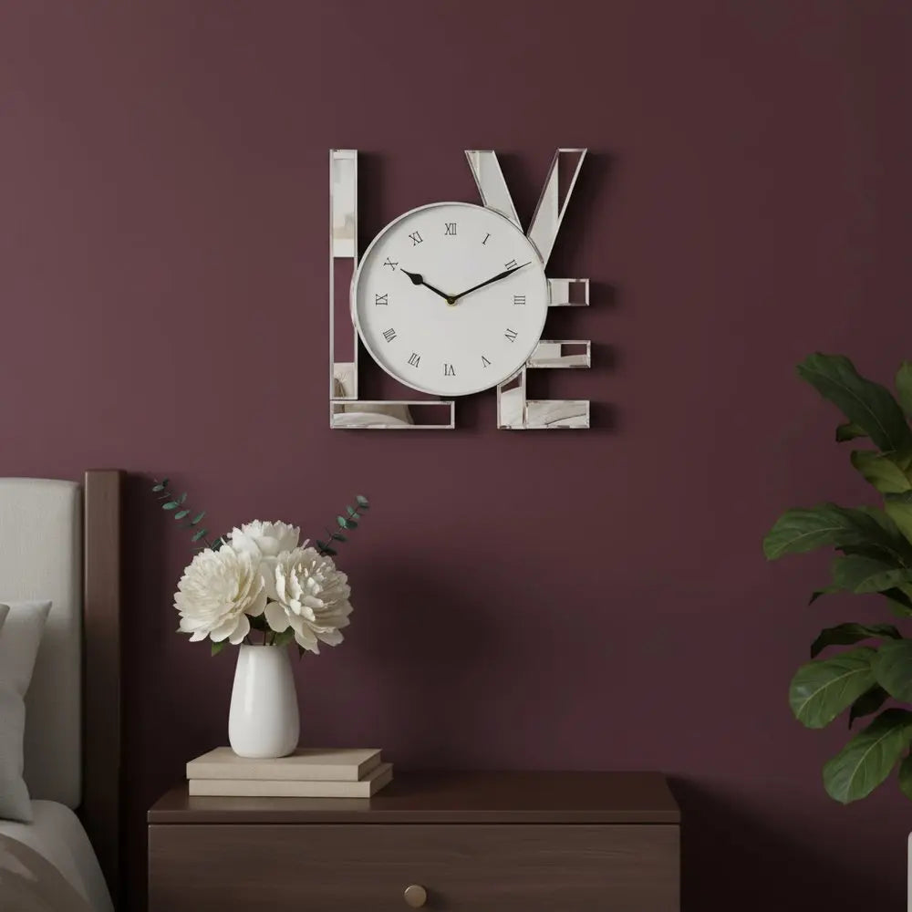 11" Silver Mirrored Glass Love Wall Clock - NOVA HOME FURNITURE