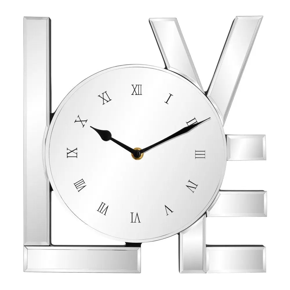 11" Silver Mirrored Glass Love Wall Clock - NOBLE HOME INTERIORS