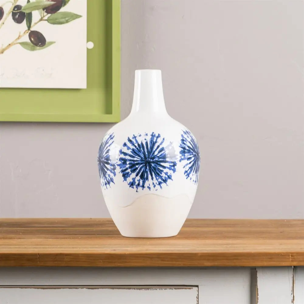 11" White And Blue Round Ceramic Urn - NOBLE HOME INTERIORS