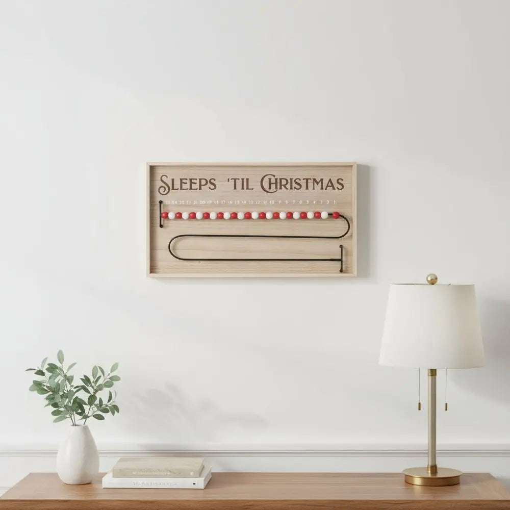 11" X 20" Natural And Red Wood Sleeps 'Til Christmas Advent Calendar Hanging Wall Decor - NOBLE HOME INTERIORS