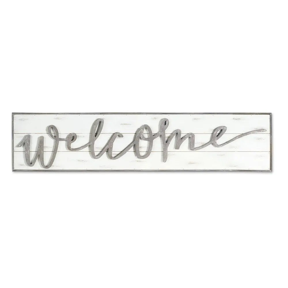 11" X 48" White And Gray Welcome Sign Wood Wall Decor - NOBLE HOME INTERIORS