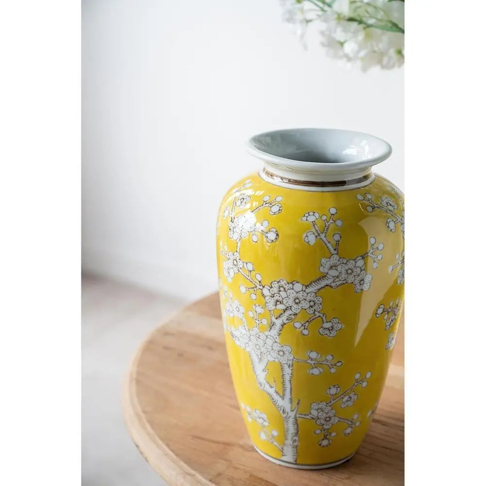 11" Yellow and White Porcelain Floral Round Table Vase - NOBLE HOME INTERIORS