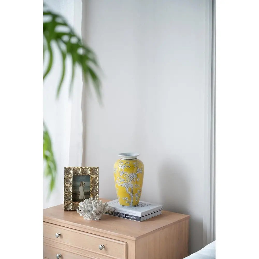 11" Yellow and White Porcelain Floral Round Table Vase - NOBLE HOME INTERIORS