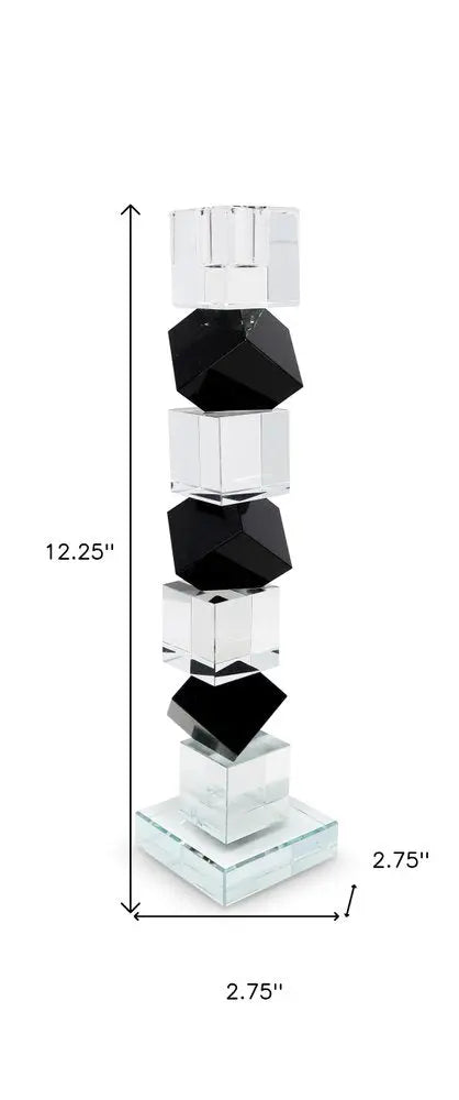12" Black And Clear Crystal Tabletop Taper Candlestick - NOBLE HOME INTERIORS