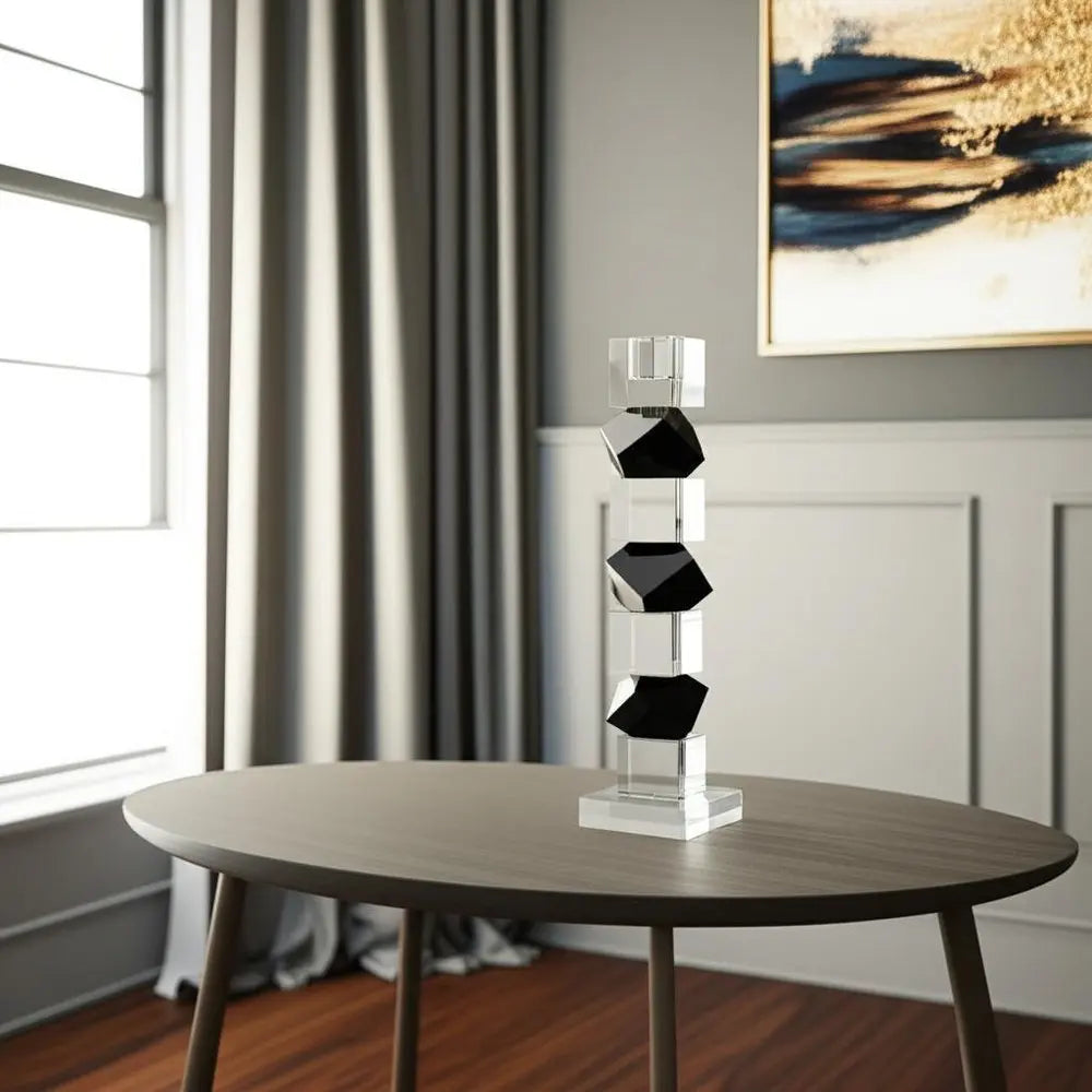 12" Black And Clear Crystal Tabletop Taper Candlestick - NOBLE HOME INTERIORS