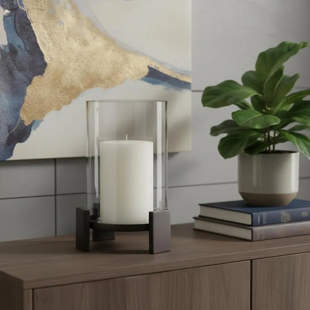 12" Black Glass Abstract Tabletop Hurricane Candle Holder - NOBLE HOME INTERIORS