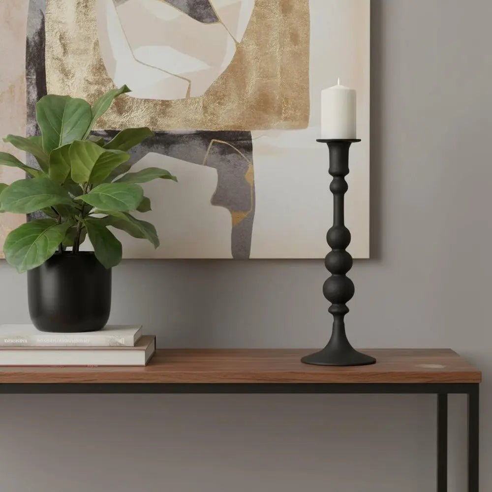 12" Black Glass Tabletop Taper Candlestick - NOBLE HOME INTERIORS