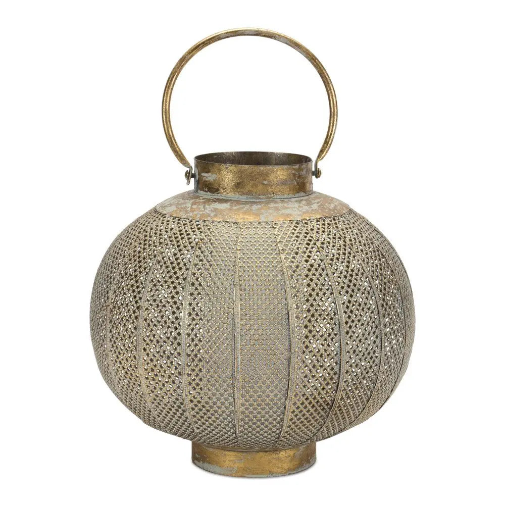 12" Bronze And Green Distressed Lattice Metal Tabletop Lantern Candle Holder - NOBLE HOME INTERIORS