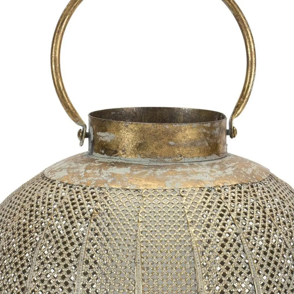 12" Bronze And Green Distressed Lattice Metal Tabletop Lantern Candle Holder - NOBLE HOME INTERIORS