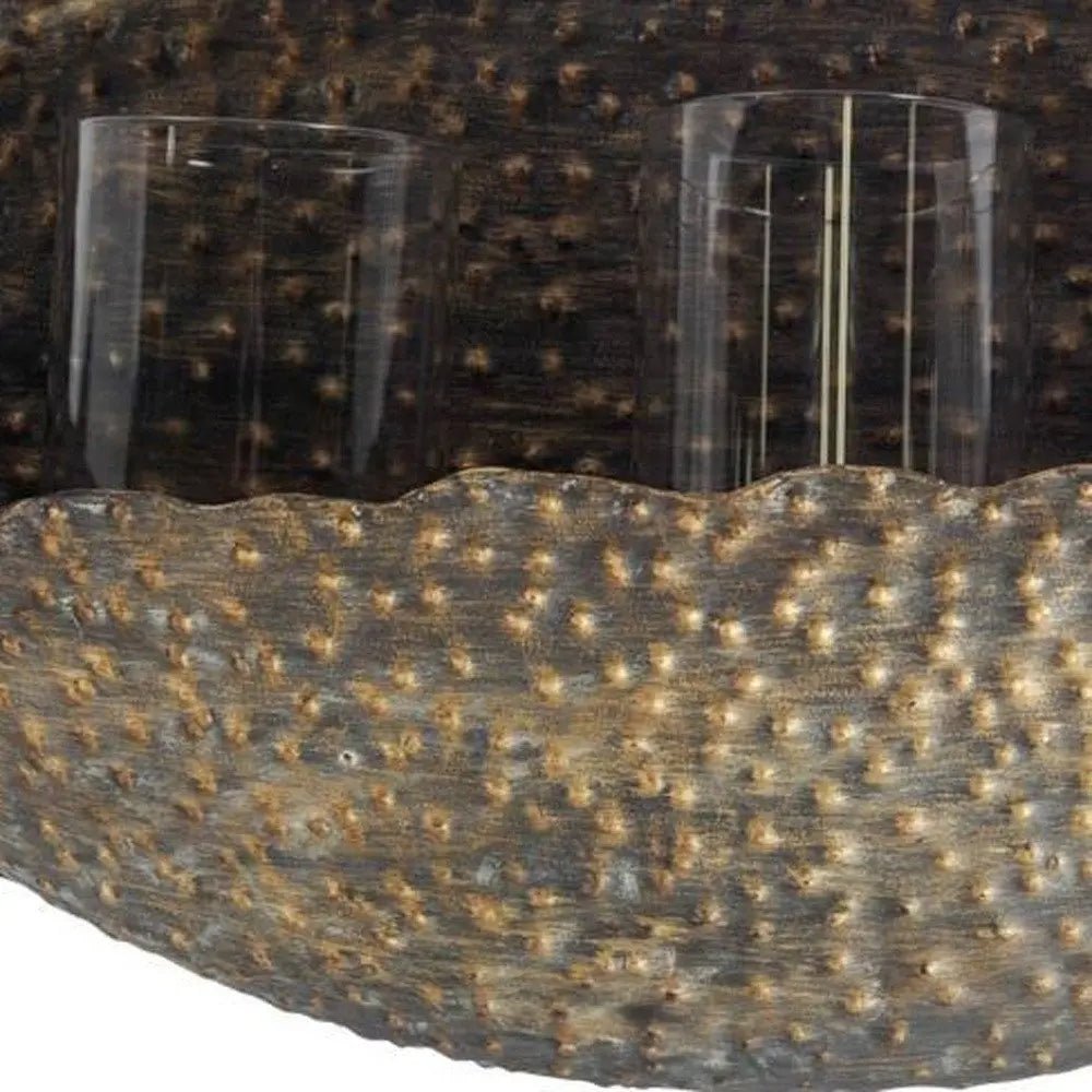 12" Bronze Distressed Hammered Glass And Metal Hurricane Candle Holder - NOBLE HOME INTERIORS