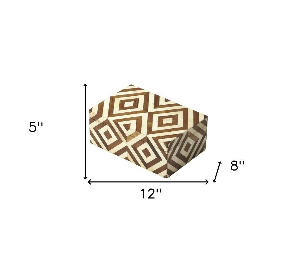 12" Brown And Ivory Bone Inlay And Solid Wood Box With Lid - NOBLE HOME INTERIORS