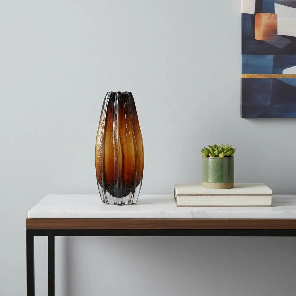 12" Burnt Umber Wavy Glass Table Vase - NOBLE HOME INTERIORS