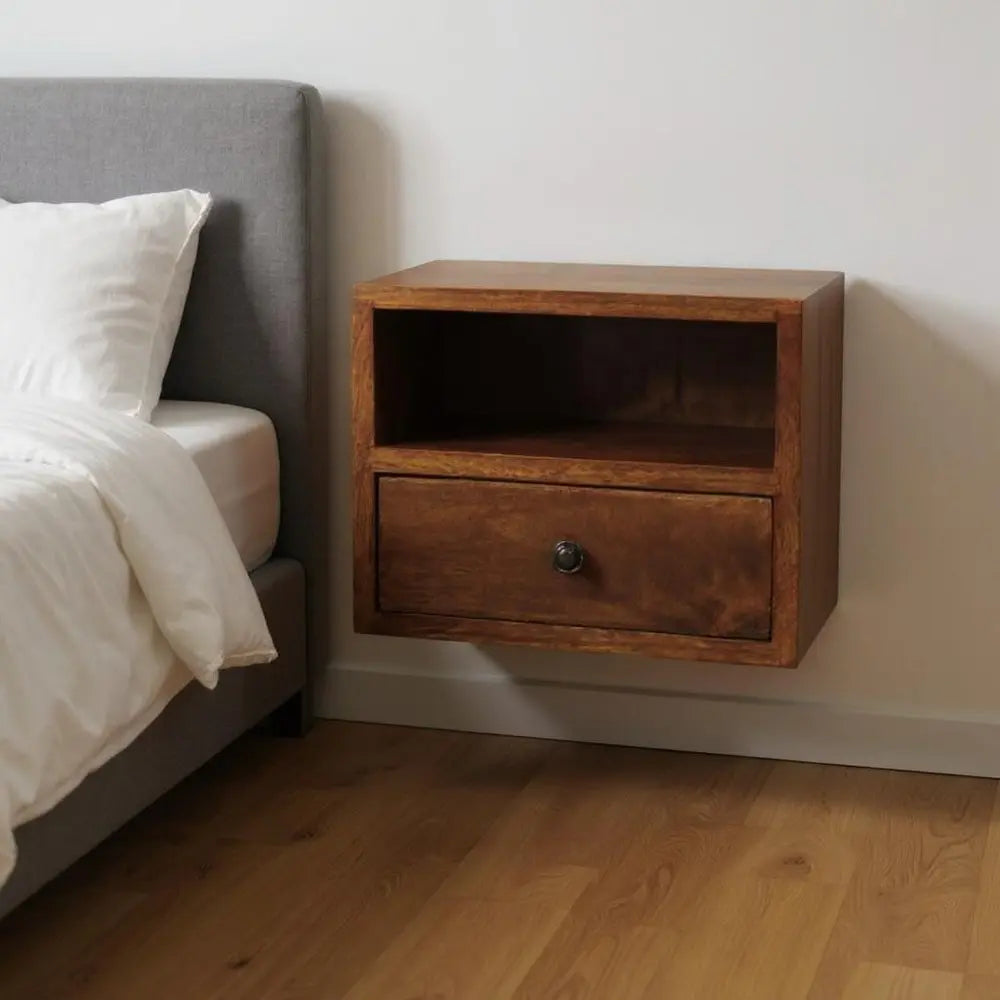 12" Chestnut Solid Wood Square One Drawer Floating Nightstand - NOBLE HOME INTERIORS