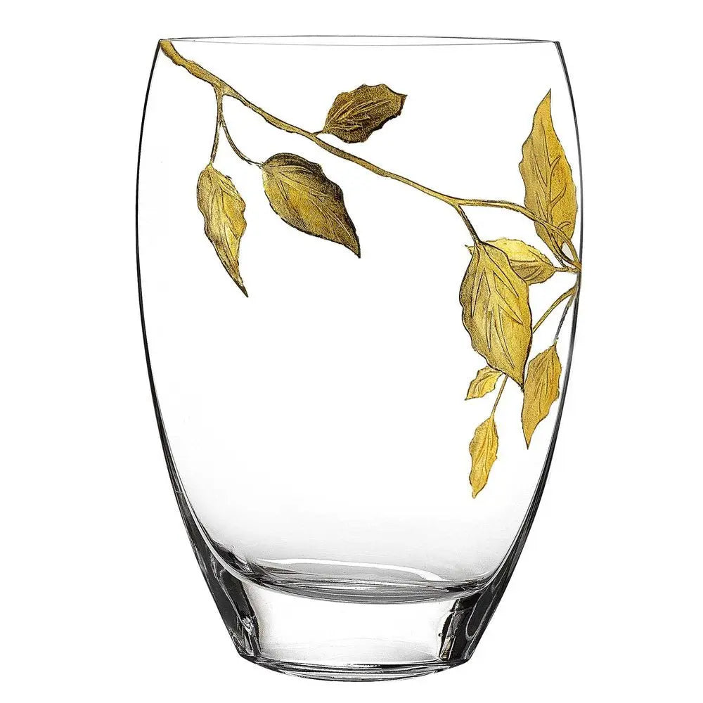12" Clear And Gold Leaves Oval Crystal Glass Table Vase - NOBLE HOME INTERIORS