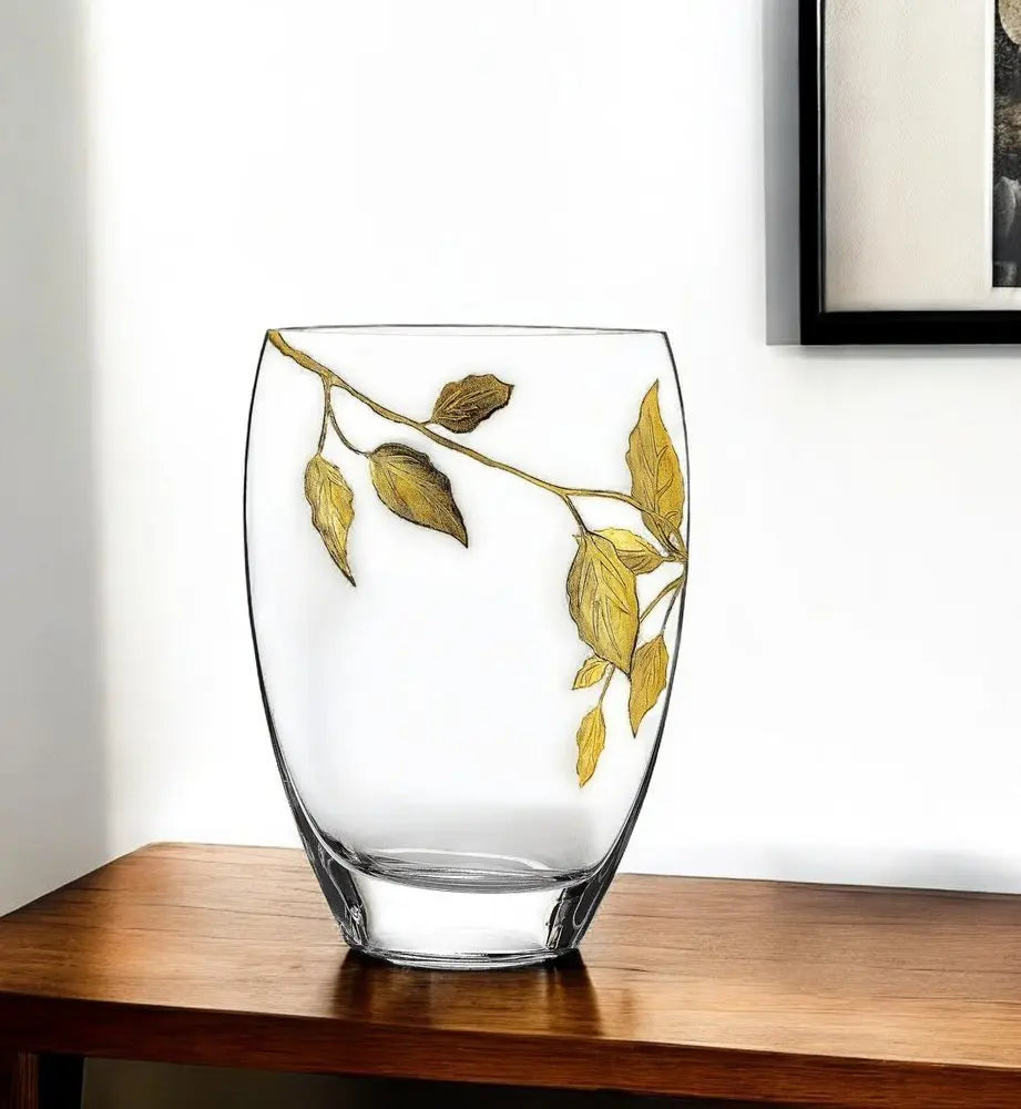 12" Clear And Gold Leaves Oval Crystal Glass Table Vase - NOBLE HOME INTERIORS