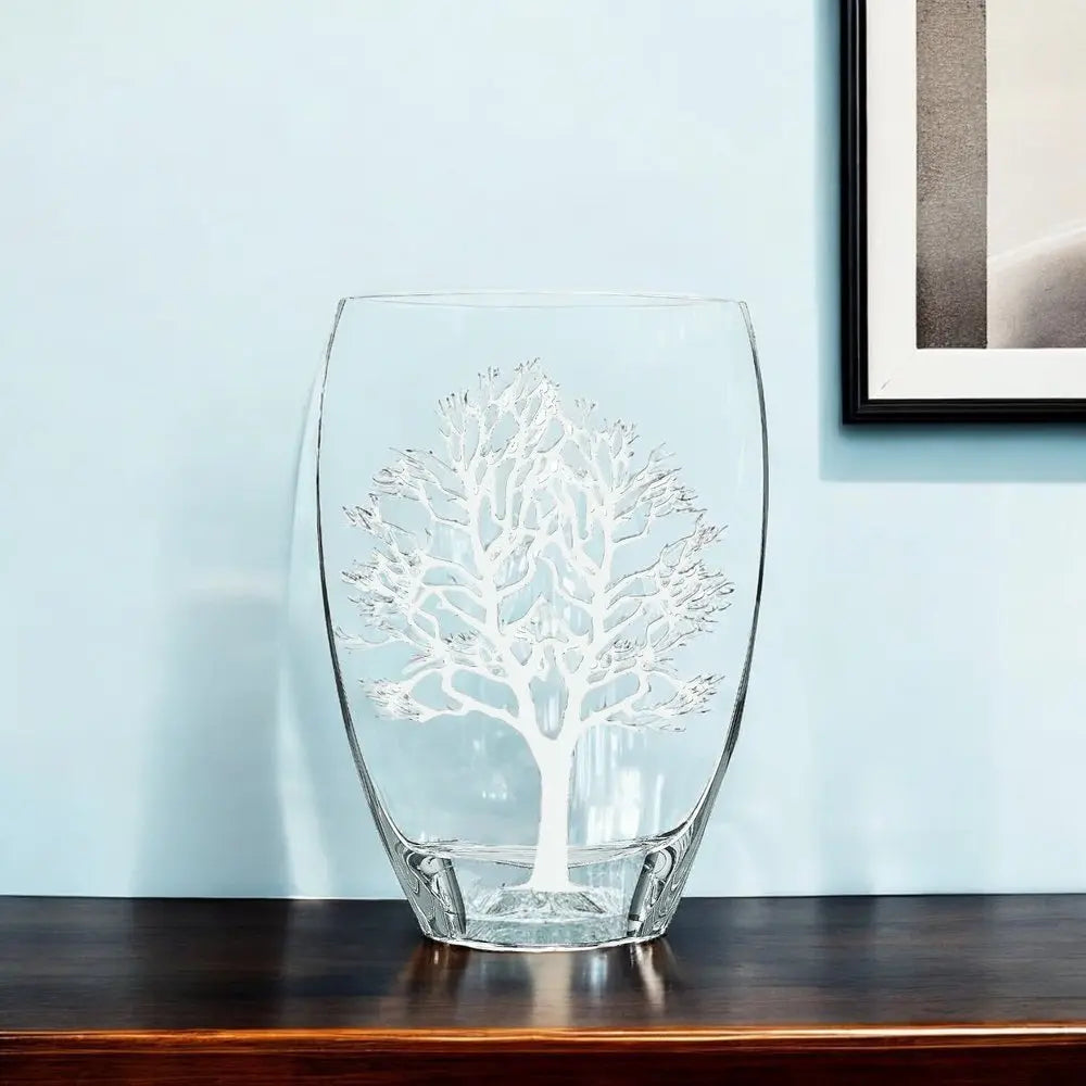 12" Clear And White Tree Of Life Oval Lead Free Crystal Table Vase - NOBLE HOME INTERIORS