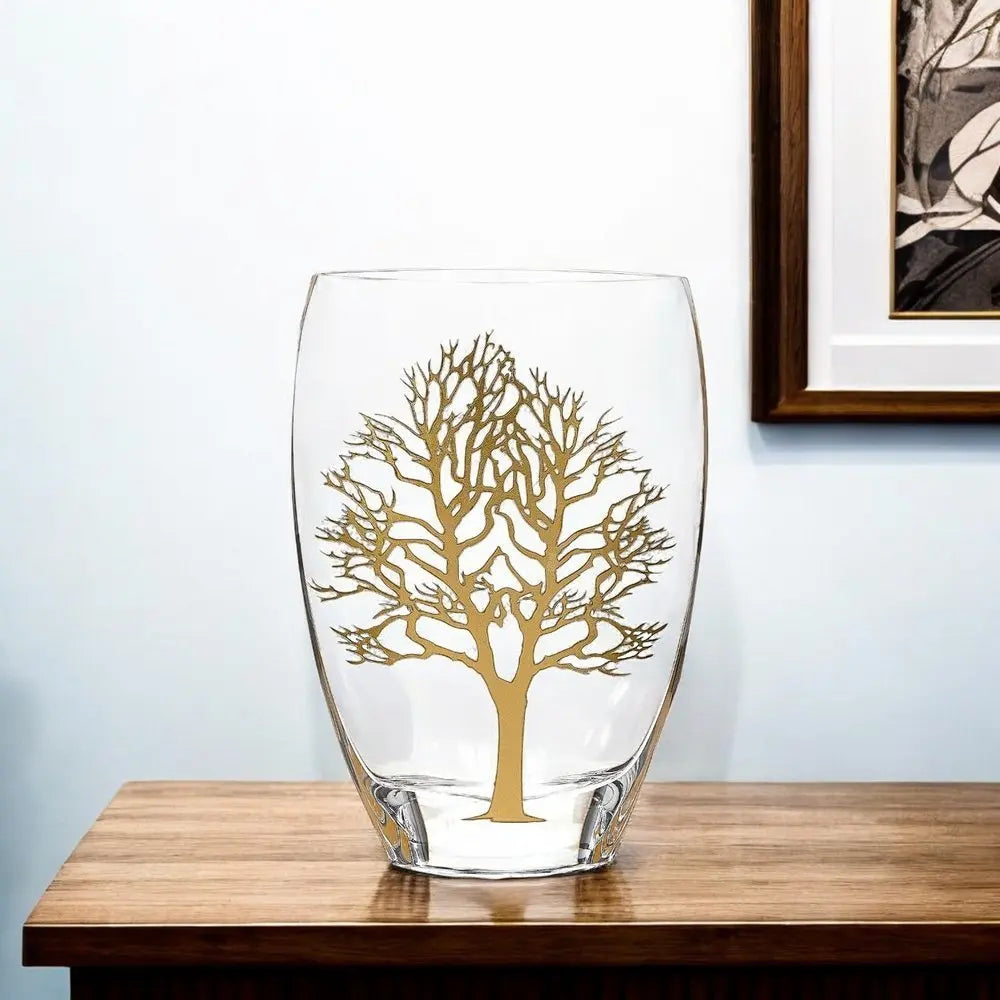 12" Clear And White Tree Of Life Oval Lead Free Crystal Table Vase - NOBLE HOME INTERIORS