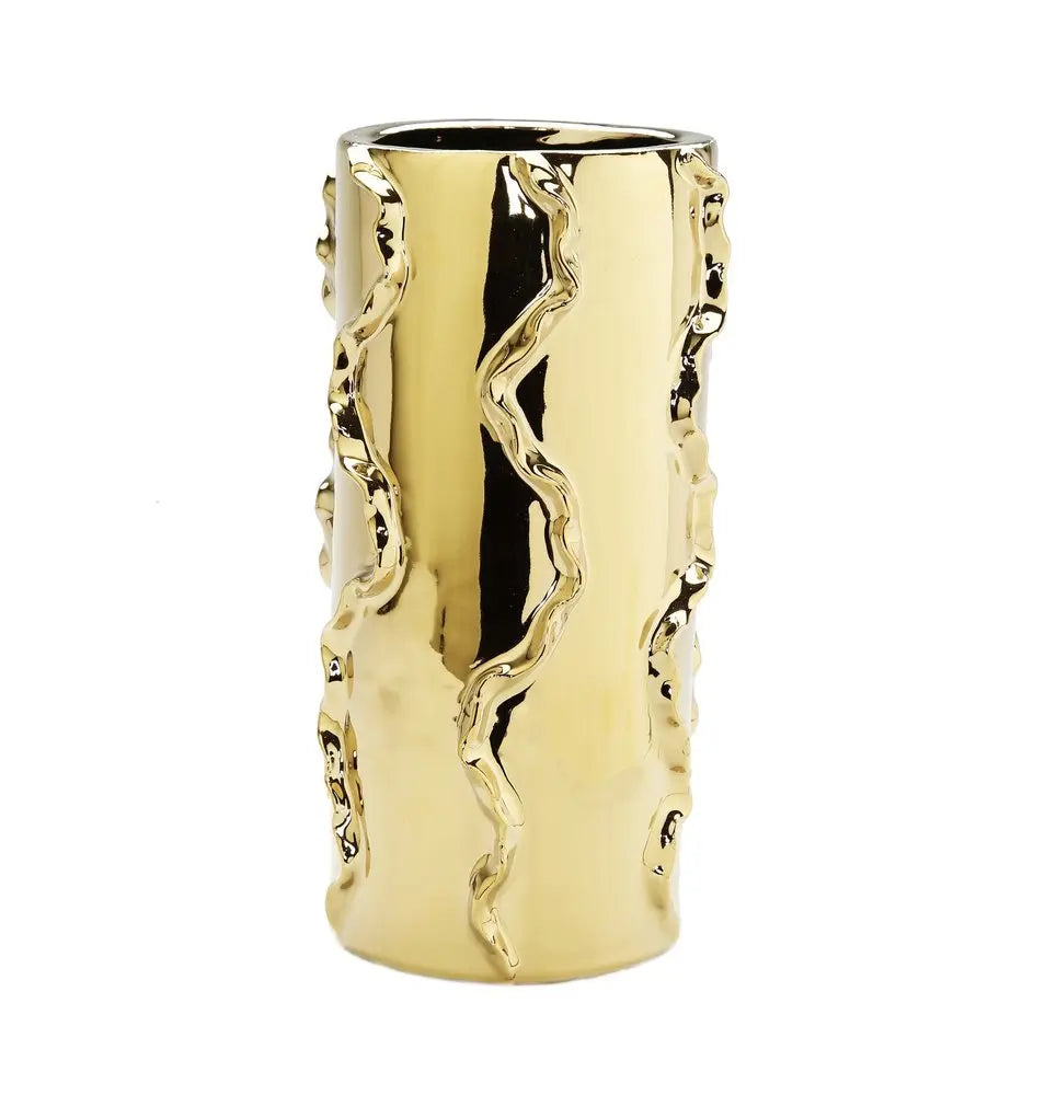 12" Gold Cylinder Ceramic Table Vase With Sculptural Details - NOBLE HOME INTERIORS