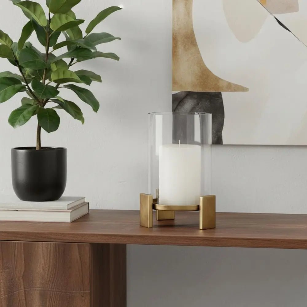 12" Gold Geometric Glass And Metal Tabletop Hurricane Candle Holder - NOBLE HOME INTERIORS