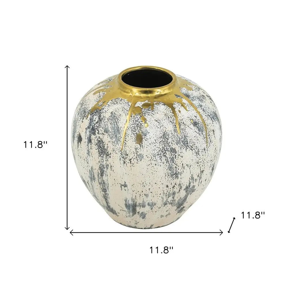 12" Gray Ivory And Gold Modern Abstract Ceramic Table Vase - NOBLE HOME INTERIORS