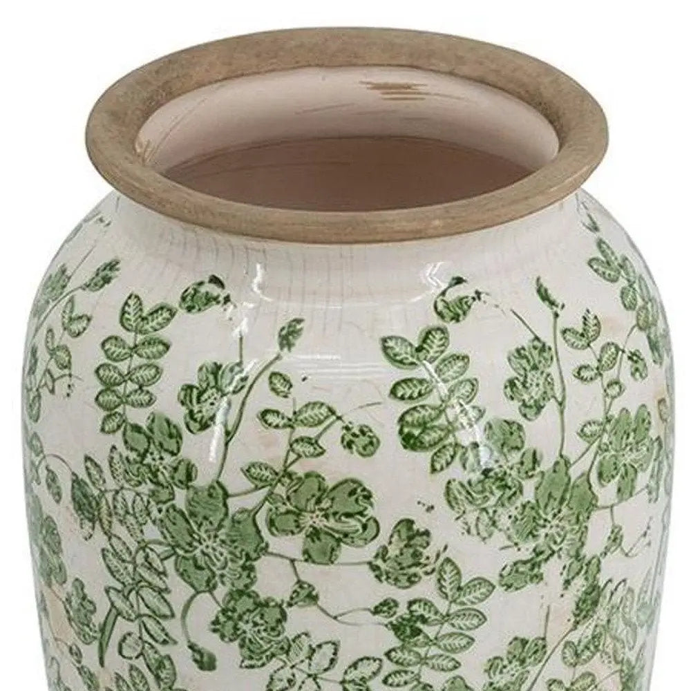 12" Green and White Leaf Round Ceramic Table Vase With Does Not Apply - NOBLE HOME INTERIORS
