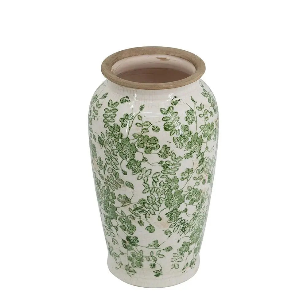 12" Green and White Leaf Round Ceramic Table Vase With Does Not Apply - NOBLE HOME INTERIORS
