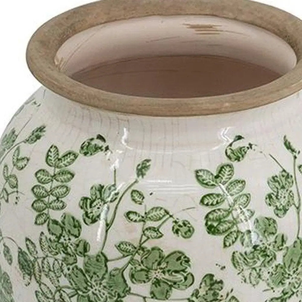 12" Green and White Leaf Round Ceramic Table Vase With Does Not Apply - NOBLE HOME INTERIORS