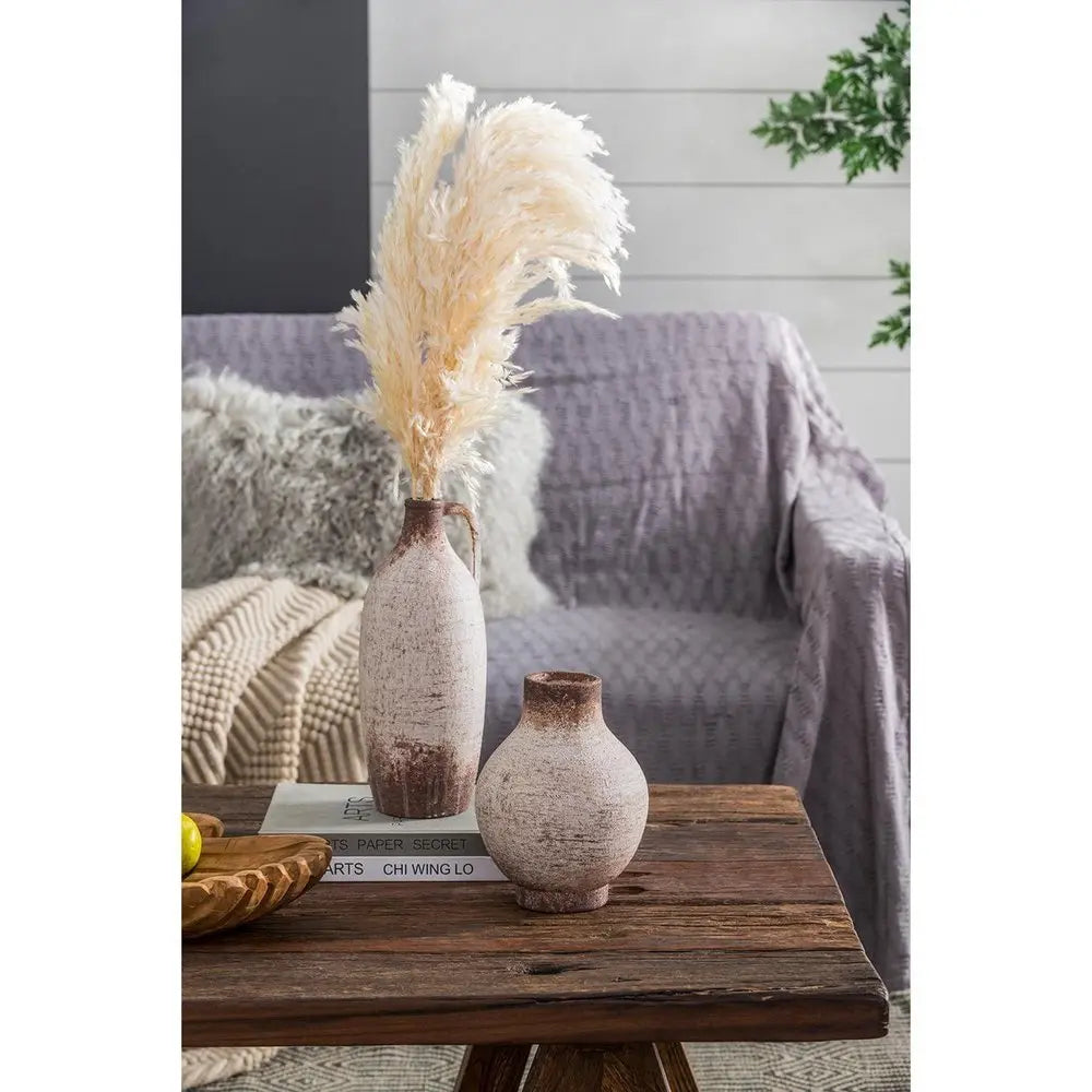 12" Ivory and Brown Ceramic Round Jug Vase - NOBLE HOME INTERIORS