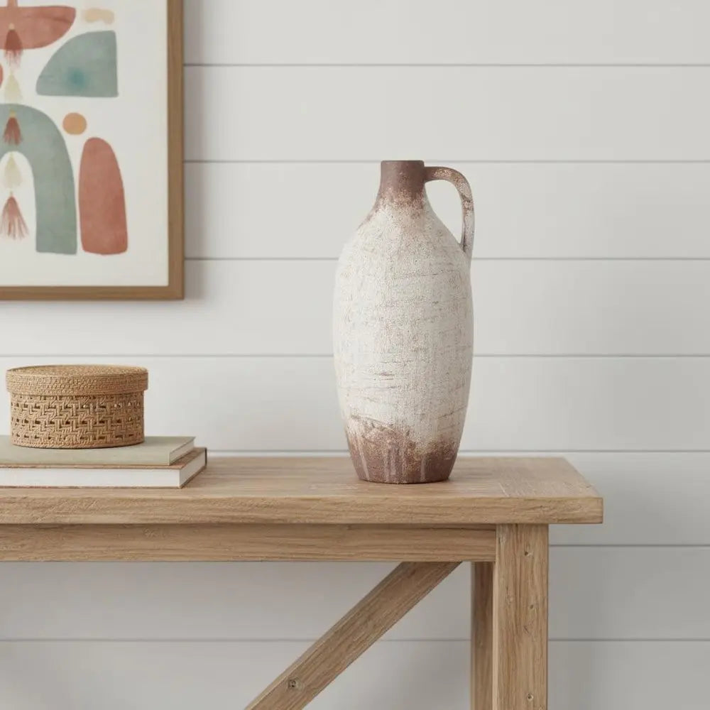 12" Ivory and Brown Ceramic Round Jug Vase - NOBLE HOME INTERIORS