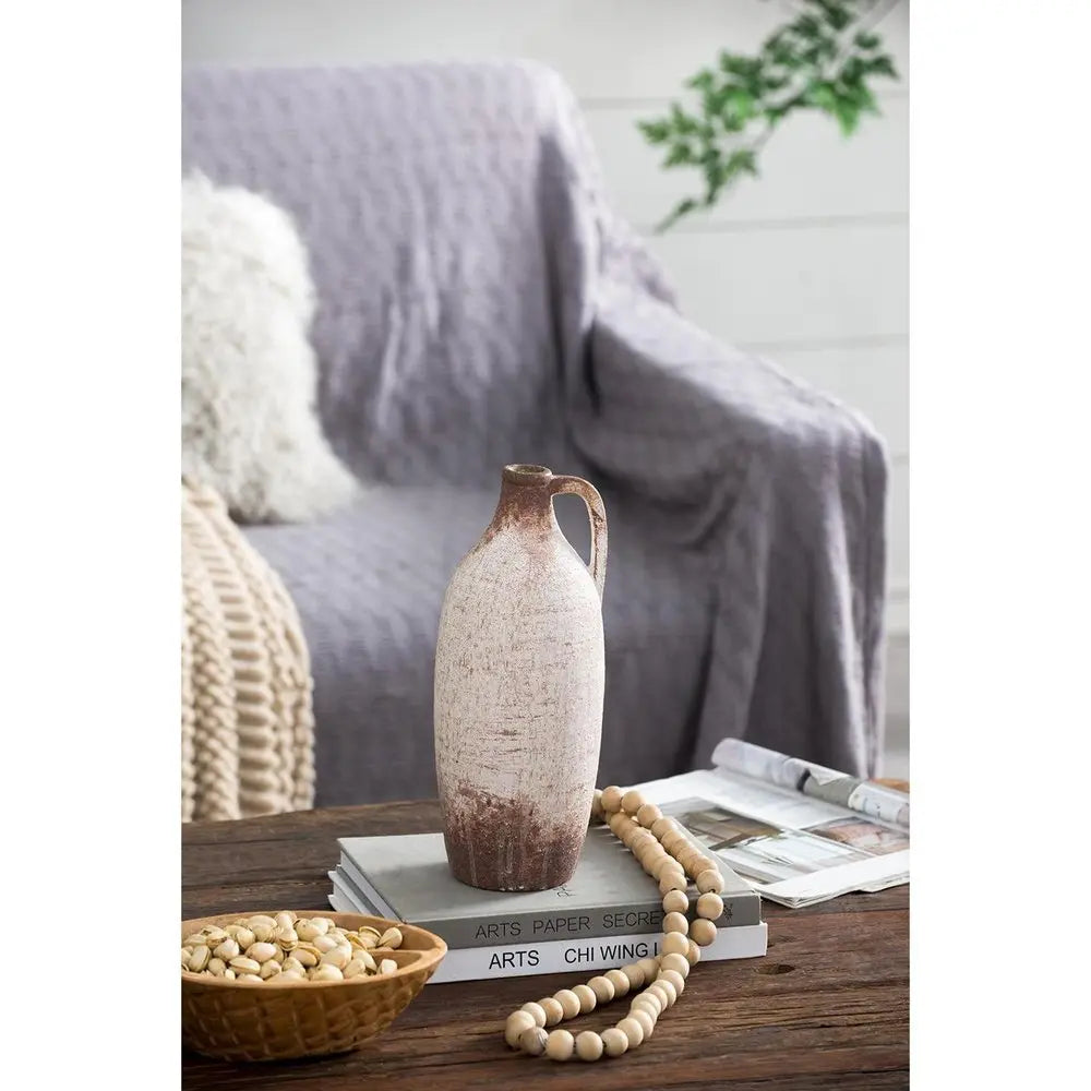 12" Ivory and Brown Ceramic Round Jug Vase - NOBLE HOME INTERIORS