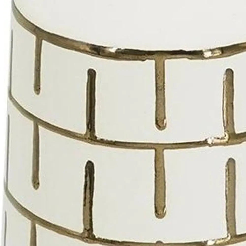 12" Ivory And Gold Geometric Cylindrical Ceramic Table Vase - NOBLE HOME INTERIORS