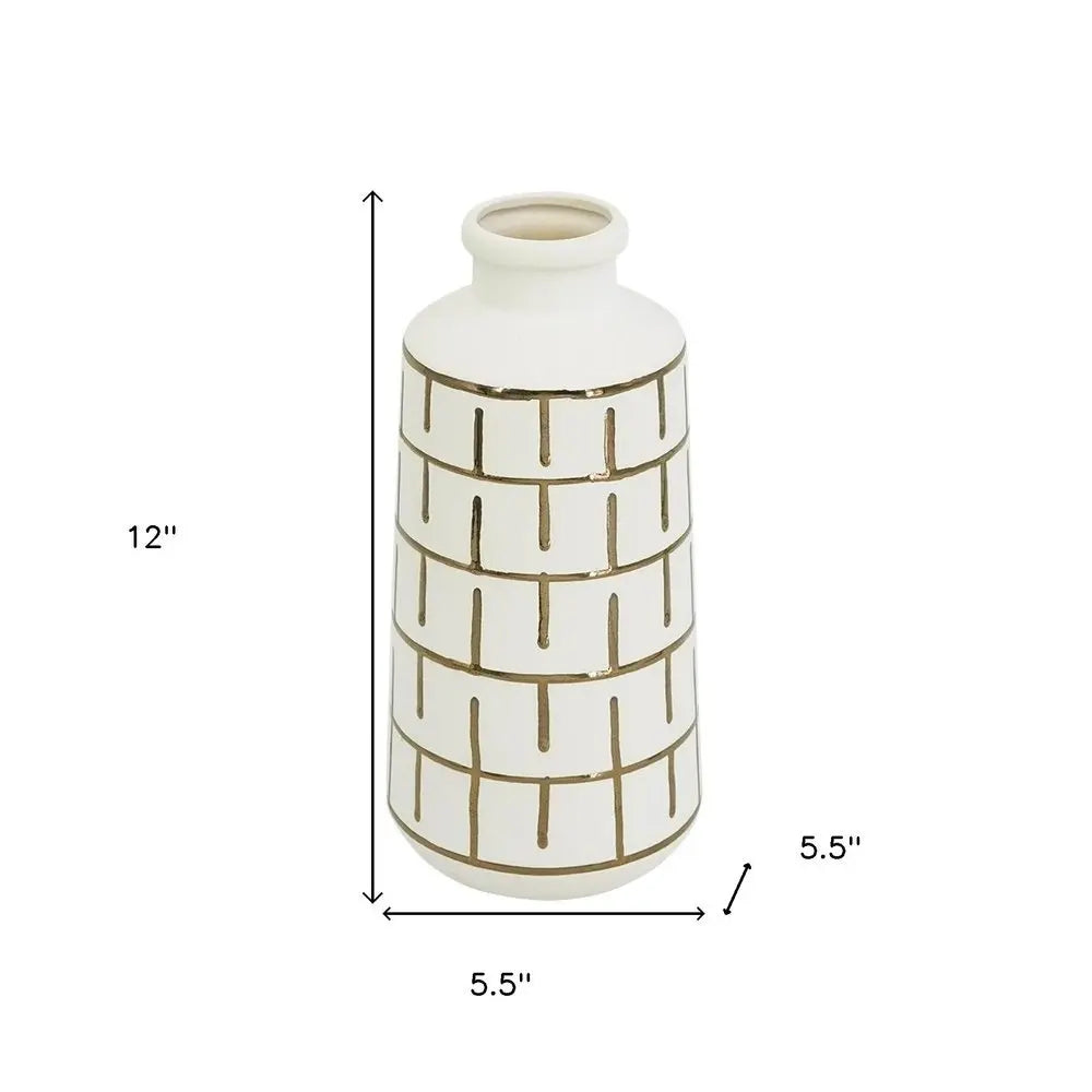 12" Ivory And Gold Geometric Cylindrical Ceramic Table Vase - NOBLE HOME INTERIORS