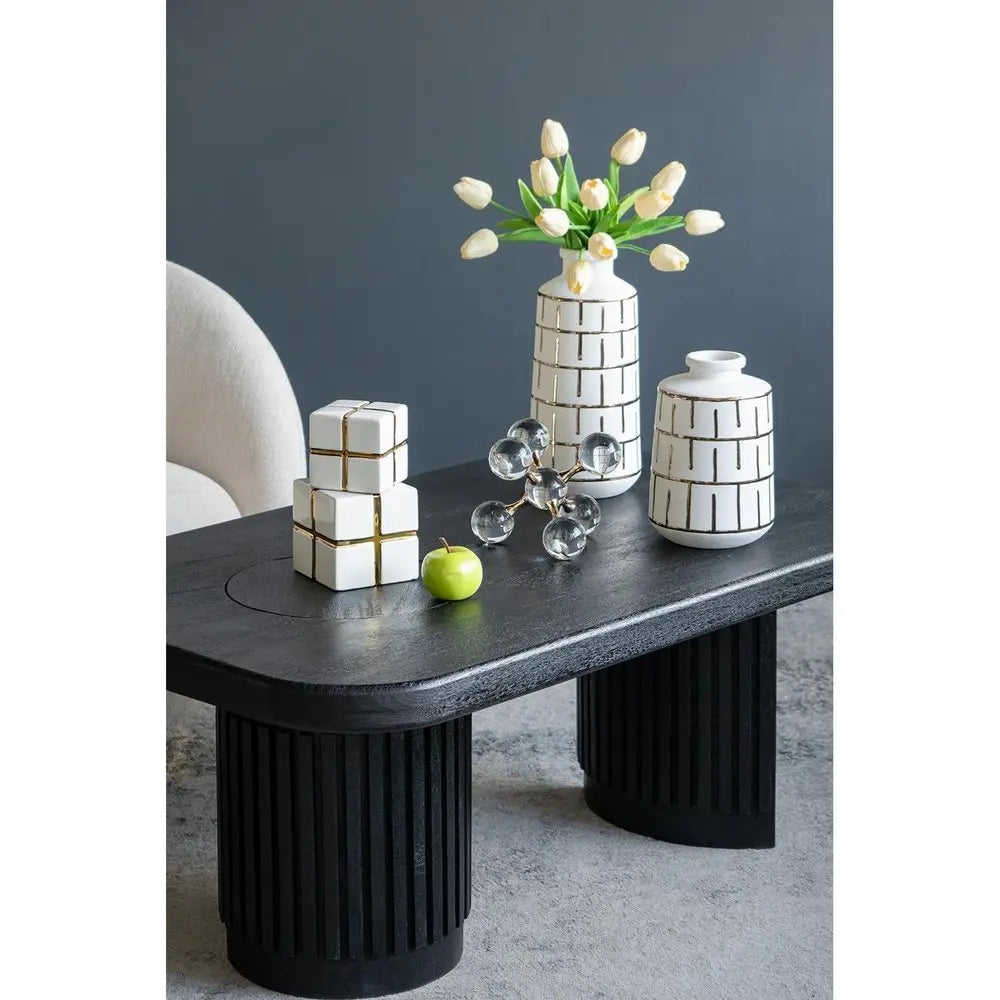 12" Ivory And Gold Geometric Cylindrical Ceramic Table Vase - NOBLE HOME INTERIORS