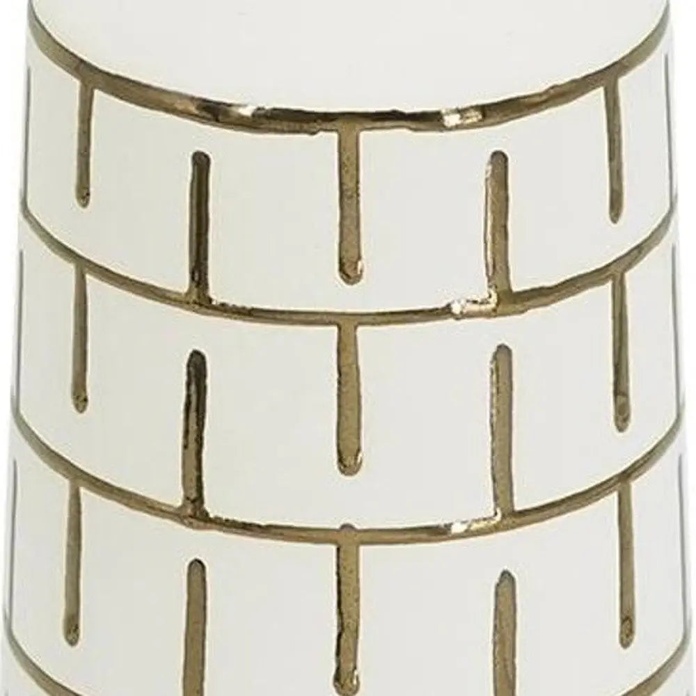 12" Ivory And Gold Geometric Cylindrical Ceramic Table Vase - NOBLE HOME INTERIORS