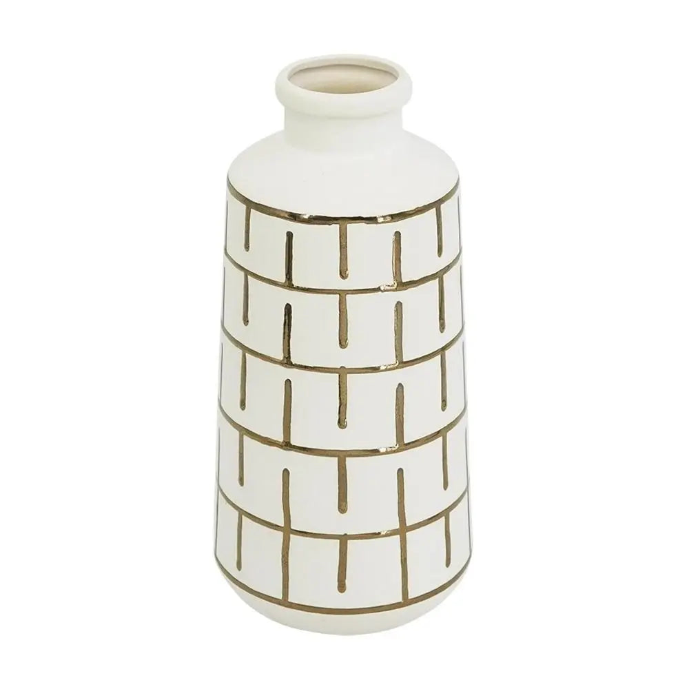 12" Ivory And Gold Geometric Cylindrical Ceramic Table Vase - NOBLE HOME INTERIORS