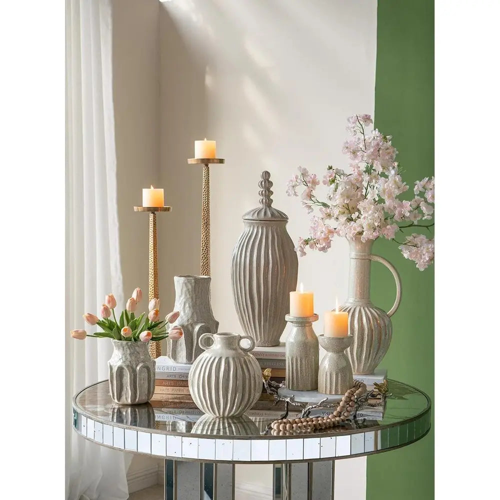 12" Sage And Gray Round Ceramic Table Vase - NOBLE HOME INTERIORS