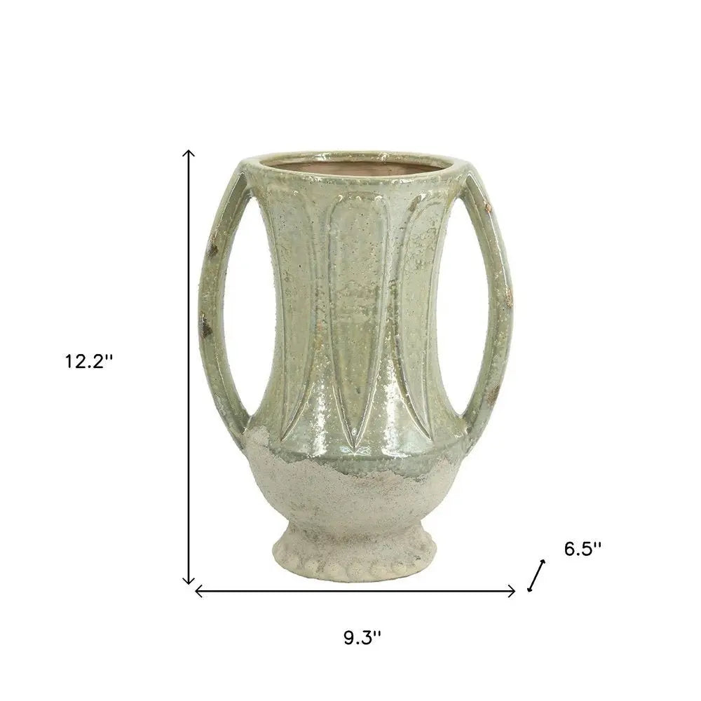 12" Sage And Ivory Amphora Ceramic Table Vase - NOBLE HOME INTERIORS