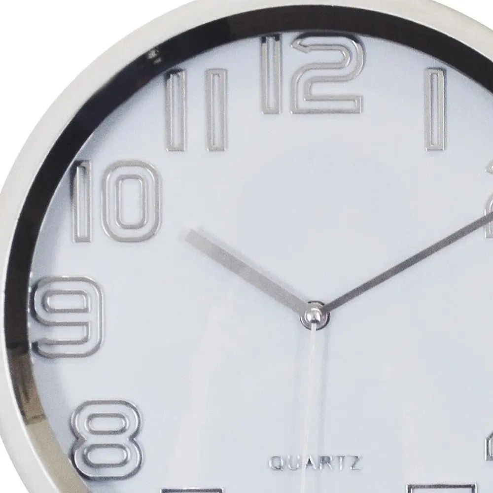 12" Silver And White Heavy Duty Plastic Silent Analog Round Wall Clock - NOBLE HOME INTERIORS
