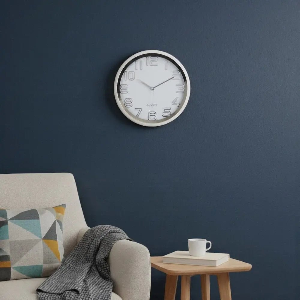 12" Silver And White Heavy Duty Plastic Silent Analog Round Wall Clock - NOBLE HOME INTERIORS