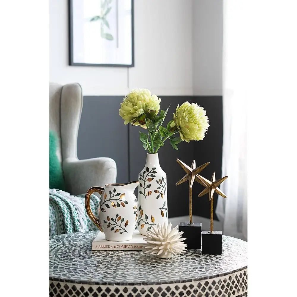 12" White Green And Gold Floral Leaf Bud Ceramic Table Vase - NOBLE HOME INTERIORS