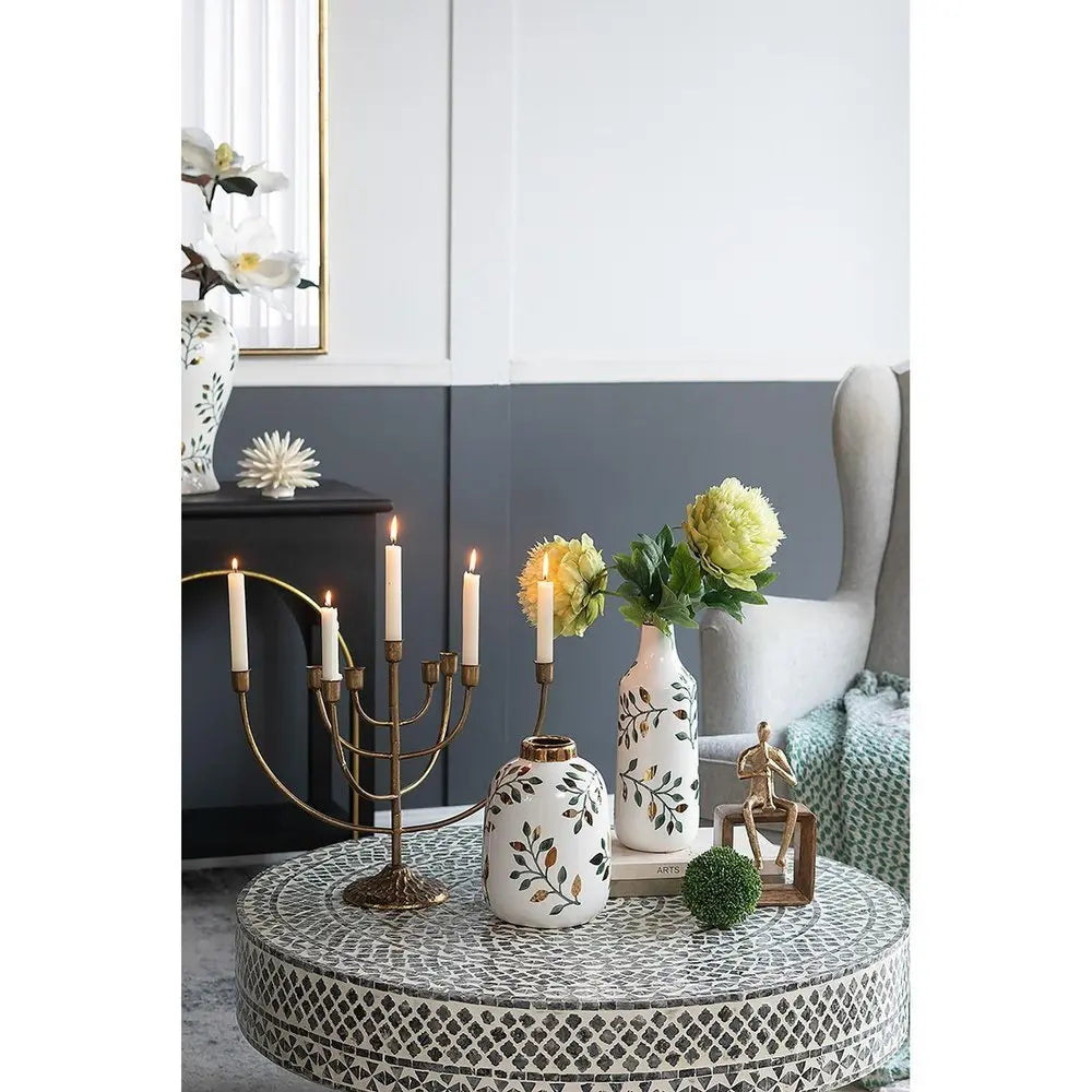 12" White Green And Gold Floral Leaf Bud Ceramic Table Vase - NOBLE HOME INTERIORS