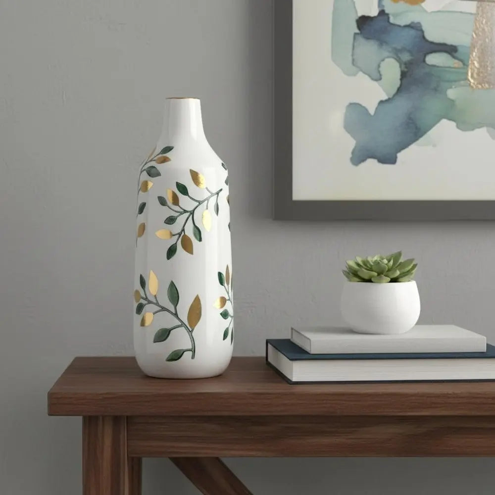 12" White Green And Gold Floral Leaf Bud Ceramic Table Vase - NOBLE HOME INTERIORS